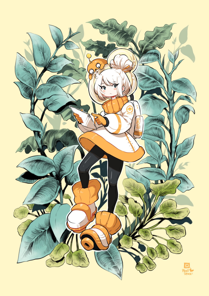 1girl alien black_legwear blue_eyes blush dress full_body gloves hair_bun highres index_finger_raised kenron_toqueen leaf long_sleeves orange_gloves original outline plant puffy_long_sleeves puffy_sleeves shoes solo space_helmet spacesuit white_hair white_outline yellow_background