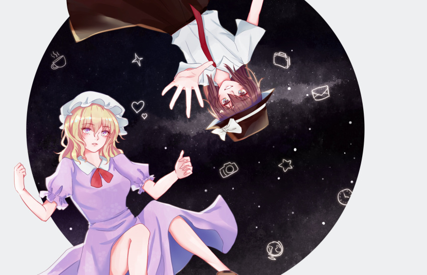 2girls black_skirt blonde_hair brown_hair camera clock cup dress envelope fedora globe hat heart highres maribel_hearn mob_cap multiple_girls night night_sky purple_dress shirt shuiwuyue_lian skirt sky star_(sky) star_(symbol) suitcase teacup touhou upside-down usami_renko white_shirt