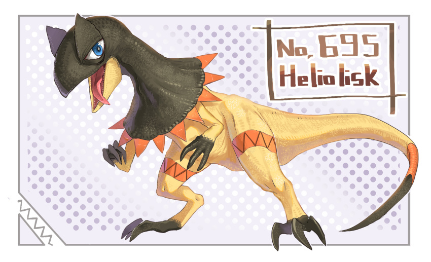 blue_eyes character_name claws commentary_request full_body gen_6_pokemon heliolisk highres nagakura_(seven_walkers) no_humans open_mouth pokemon pokemon_(creature) sharp_teeth shiny tail teeth tongue tongue_out