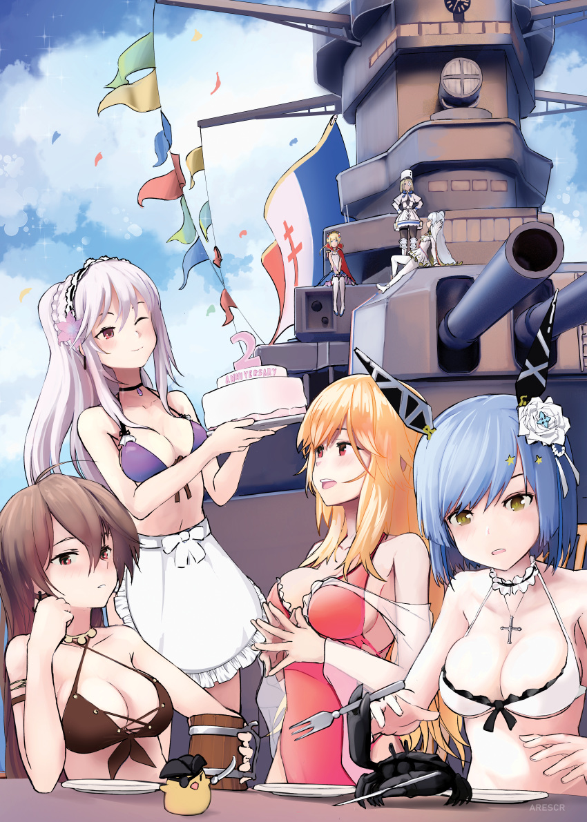 6+girls absurdres anchor_earrings apron arescr azur_lane backless_swimsuit bikini black_choker black_eyepatch blonde_hair blue_hair blush breasts brown_bikini brown_hair cake cape choker clothing_cutout clouds cloudy_sky crab criss-cross_halter cross cross_necklace cup cutlass_(sword) double_bun dress dunkerque_(azur_lane) dunkerque_(summer_sucre)_(azur_lane) earrings epaulettes eyepatch flag flower food free_french_flag frilled_apron frilled_swimsuit frills gascogne_(azur_lane) gascogne_(beach_adaptive_armor)_(azur_lane) grey_hair hair_between_eyes halterneck hat headgear highleg highleg_swimsuit highres holding holding_cake holding_cup holding_food huge_filesize jean_bart_(azur_lane) jean_bart_(secret_afternoon)_(azur_lane) jewelry le_malin_(azur_lane) le_terrible_(azur_lane) le_triomphant_(azur_lane) long_hair looking_at_viewer manjuu_(azur_lane) medium_breasts multiple_girls necklace one-piece_swimsuit one_eye_closed orange_hair outdoors pantyhose pink_eyes pink_swimsuit pirate_hat plate ponytail purple_bikini red_cape red_eyes richelieu_(azur_lane) richelieu_(battleship) richelieu_(flagship_in_the_sea_breeze)_(azur_lane) see-through short_hair side-tie_swimsuit sideless_outfit sitting sky swimsuit tutu underboob_cutout very_long_hair white_bikini white_dress white_flower white_hair white_headwear white_legwear yellow_eyes