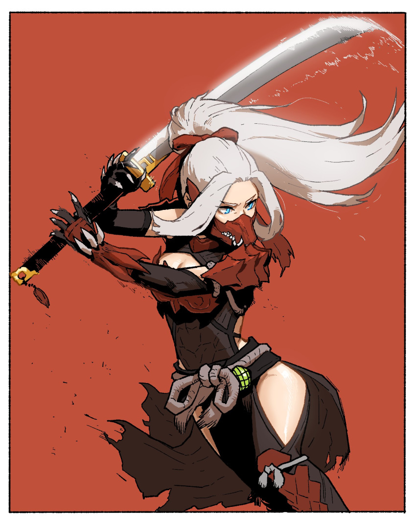 1girl armor blue_eyes border floating_hair gogalking grey_hair hands_up highres holding holding_sword holding_weapon mask monster_hunter monster_hunter:_world mouth_mask odogaron_(armor) ponytail red_background shoulder_armor side_slit simple_background solo spaulders sword two-handed vambraces waist_cape weapon white_border