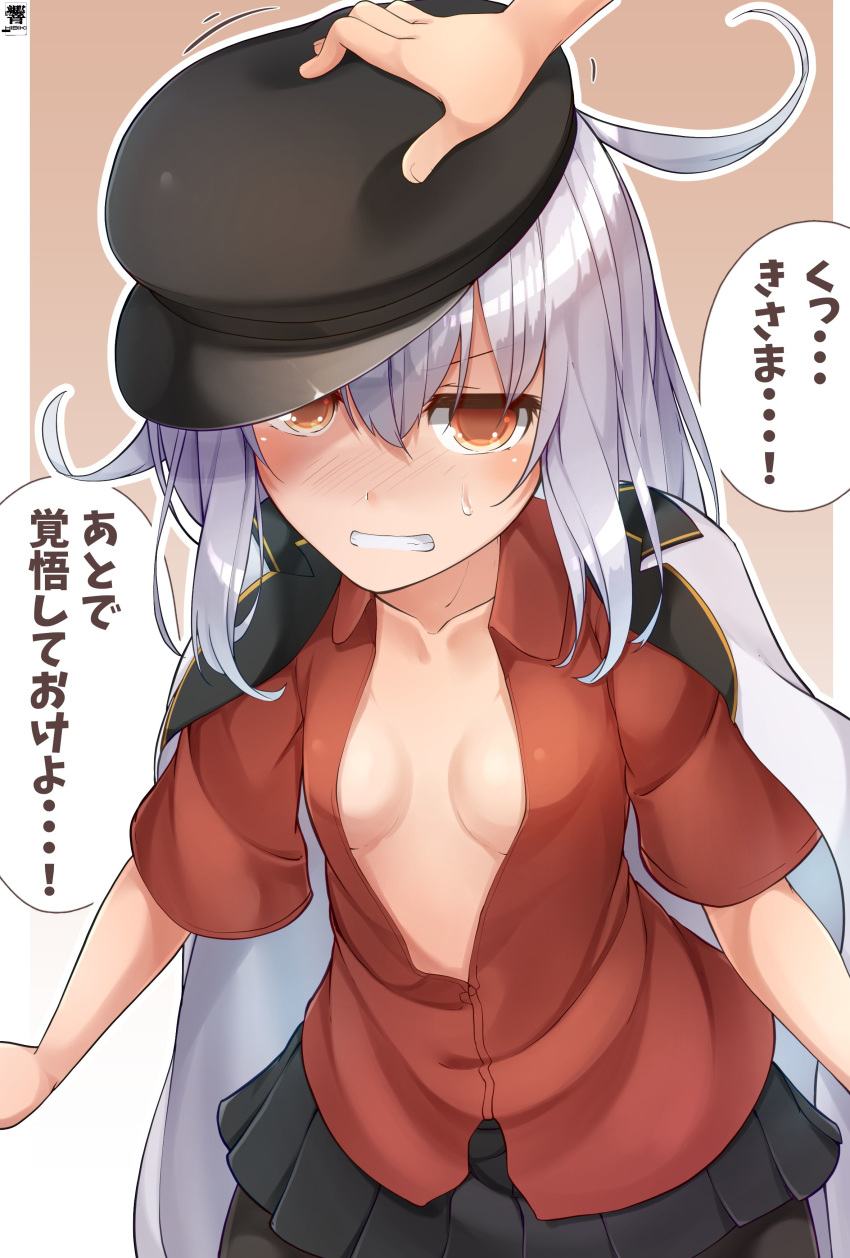 1girl absurdres black_headwear black_skirt blush breasts clenched_teeth collarbone collared_shirt eyebrows_visible_through_hair gangut_(kantai_collection) grey_hair hair_between_eyes hat hibiki_zerocodo highres jacket kantai_collection long_hair orange_eyes peaked_cap pleated_skirt red_shirt remodel_(kantai_collection) shirt short_sleeves signature skirt small_breasts solo_focus speech_bubble teeth translation_request white_jacket