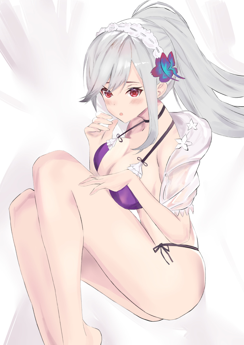 1girl absurdres artist_request azur_lane bikini black_choker blue_butterfly braid butterfly_hair_ornament choker crown_braid dunkerque_(azur_lane) dunkerque_(summer_sucre)_(azur_lane) feet_out_of_frame front-tie_bikini front-tie_top grey_hair hair_ornament highres long_hair ponytail purple_bikini red_eyes see-through swimsuit