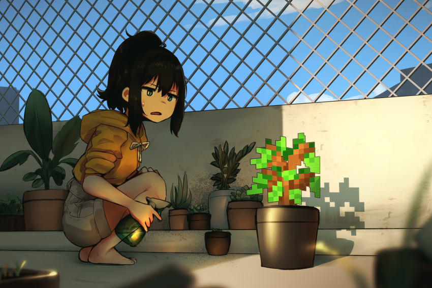 1girl barefoot blue_eyes flower_pot high_ponytail highres hoplitx medium_hair minecraft original solo squatting sweatdrop