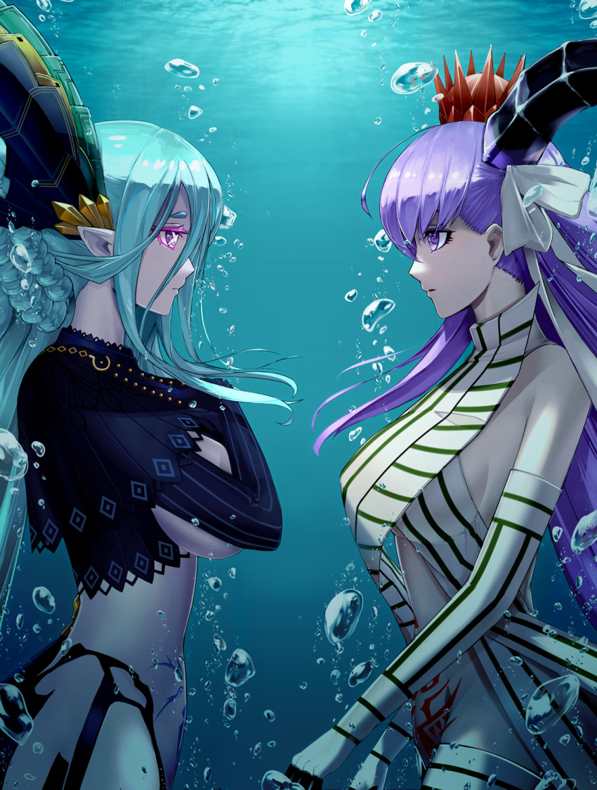 +_+ air_bubble aqua_background aqua_hair bangs black_capelet black_gloves black_horns bow braid breasts bubble c-potato capelet commentary_request covering covering_breasts cowboy_shot crown curled_horns elbow_gloves eye_contact face-to-face faceoff fate/grand_order fate_(series) french_braid from_side gloves hair_between_eyes hair_bow hair_ribbon hands_on_own_breasts highres horns kingprotea large_breasts long_bangs long_hair looking_at_another pink_eyes pointy_ears profile pubic_tattoo purple_hair revealing_clothes ribbon sideboob sidelocks stomach_tattoo striped striped_gloves tattoo tiamat_(fate/grand_order) under_boob underwater vertical_stripes very_long_hair violet_eyes white_bow white_gloves white_ribbon x_x