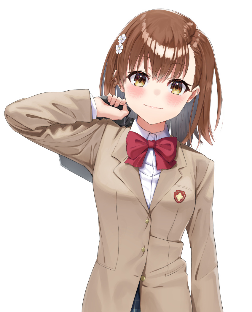 1girl absurdres bangs black_skirt blazer blush brown_eyes brown_hair brown_jacket closed_mouth collared_shirt commentary_request dress_shirt eyebrows_visible_through_hair flower hair_flower hair_ornament hand_up highres holding jacket leaning_to_the_side misaka_mikoto school_briefcase school_uniform shirt simple_background skirt smile solo taiga_(ryukyu-6102-8) to_aru_kagaku_no_railgun to_aru_majutsu_no_index tokiwadai_school_uniform upper_body white_background white_flower white_shirt