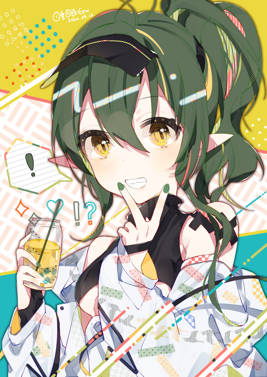 1girl absurdres arknights bangs bare_shoulders breasts cup gavial_(arknights) green_hair highres long_hair looking_at_viewer medium_breasts pointy_ears ponytail smile solo v yellow_eyes