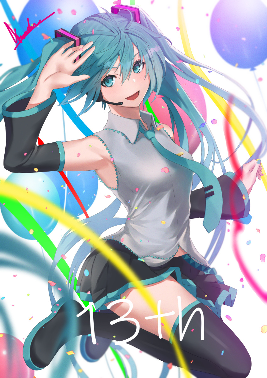 1girl :d absurdres anniversary armpits asurada_yui balloon bangs black_footwear black_skirt black_sleeves blue_eyes blue_hair blue_nails blue_neckwear boots breasts collared_shirt confetti detached_sleeves eyebrows_visible_through_hair floating_hair full_body grey_shirt hair_between_eyes hatsune_miku headset highres jumping long_hair long_sleeves looking_at_viewer medium_breasts microphone miniskirt nail_polish necktie open_mouth pleated_skirt shirt signature skirt sleeveless sleeveless_shirt smile solo streamers thigh-highs thigh_boots very_long_hair vocaloid wing_collar zettai_ryouiki