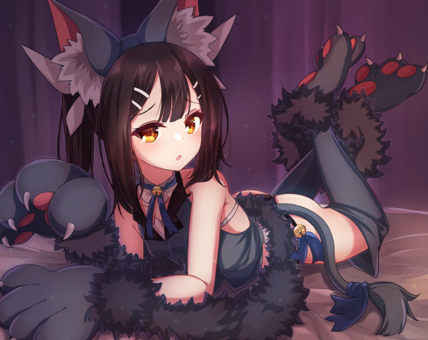 1girl animal_ears bangs bare_shoulders bell black_hair black_legwear black_panties blush boots breasts brown_eyes cat_ears chawan_(yultutari) eyebrows_visible_through_hair fate/kaleid_liner_prisma_illya fate_(series) fur_trim gloves hair_ornament hairclip highres jingle_bell legs_up long_hair looking_at_viewer lying miyu_edelfelt on_bed on_stomach open_mouth panties paw_gloves paw_shoes paws ponytail shoes sleeveless small_breasts solo tail thigh-highs thigh_boots underwear