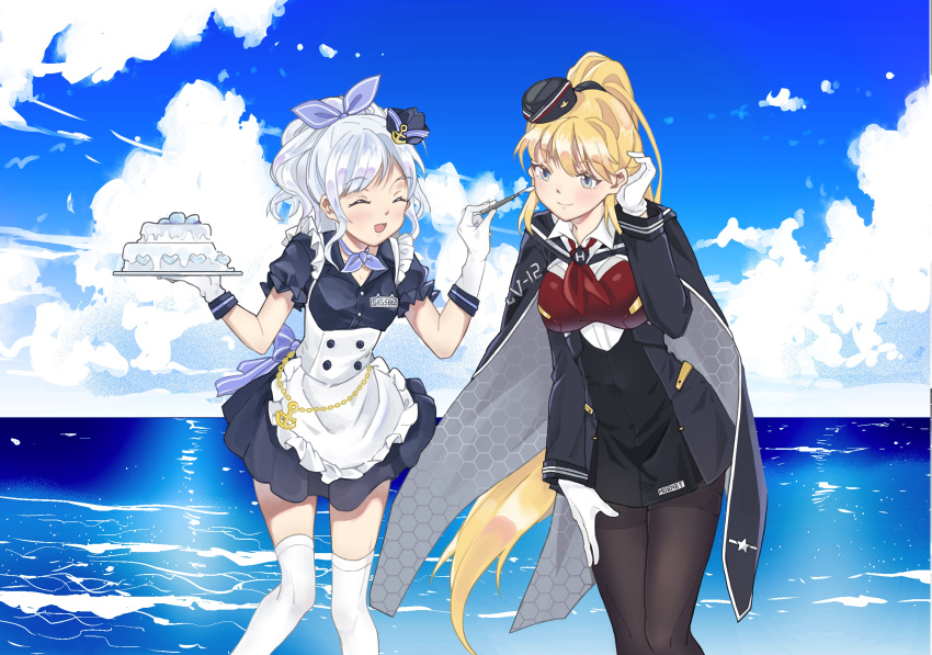 2girls absurdres apron black_cape black_legwear blonde_hair blue_dress blue_eyes blue_sky breasts cake cape closed_eyes clouds day dress food frilled_apron frills gloves hat highres holding holding_spoon holding_tray lanyue large_breasts long_hair long_sleeves mini_hat multiple_girls outdoors pantyhose short_dress sigsbee_(warship_girls_r) sky spoon thigh-highs thighband_pantyhose tray very_long_hair waist_apron warship_girls_r white_apron white_gloves white_hair white_legwear
