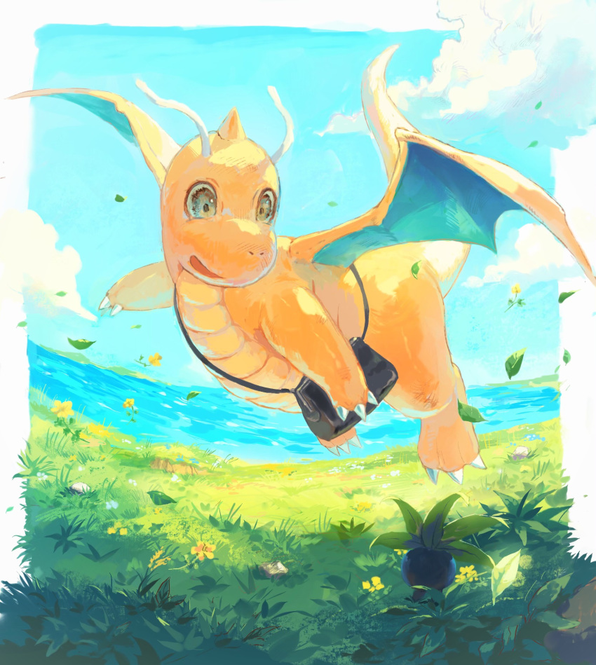 bag claws clouds commentary_request day dragonite flower flying gen_1_pokemon grass highres looking_at_another nagakura_(seven_walkers) no_humans oddish outdoors pokemon shoulder_bag sky wings