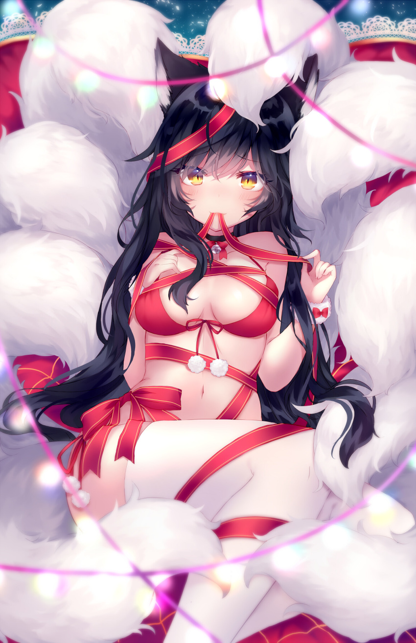 1girl ahri animal_ears bangs bdsm bell bell_collar bikini black_choker black_hair blush bondage bound breasts choker collar facial_mark fox_ears fox_tail front-tie_bikini front-tie_top hand_on_own_chest highres kumiho league_of_legends long_hair looking_at_viewer medium_breasts mouth_hold naked_ribbon red_bikini red_ribbon ribbon shouu-kun side-tie_bikini sitting solo string_bikini swimsuit tail thigh-highs tied_up vastaya very_long_hair whisker_markings yellow_eyes