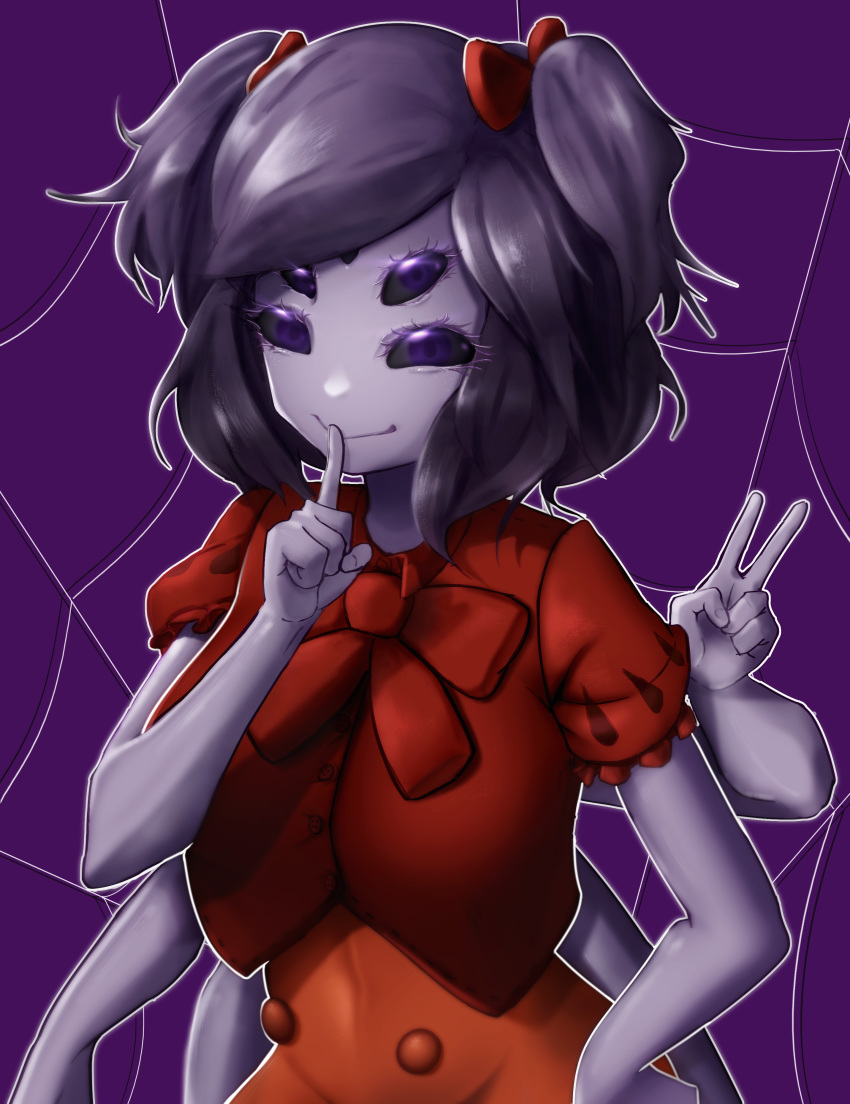 1girl absurdres black_hair black_sclera bow dress extra_arms extra_eyes finger_to_mouth grey_skin hair_bow hand_up highres index_finger_raised insect_girl kim_milk looking_at_viewer monster_girl muffet purple_background red_bow red_dress short_hair silk simple_background smile solo spider_girl spider_web two_side_up undertale upper_body v violet_eyes