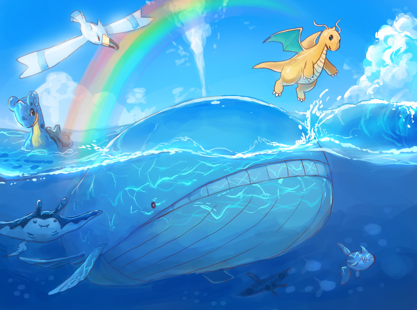 clouds commentary_request day dragonite gen_1_pokemon gen_2_pokemon gen_3_pokemon lapras mantine nagakura_(seven_walkers) no_humans outdoors pokemon pokemon_(creature) rainbow remoraid sky smile teeth wailord water wingull