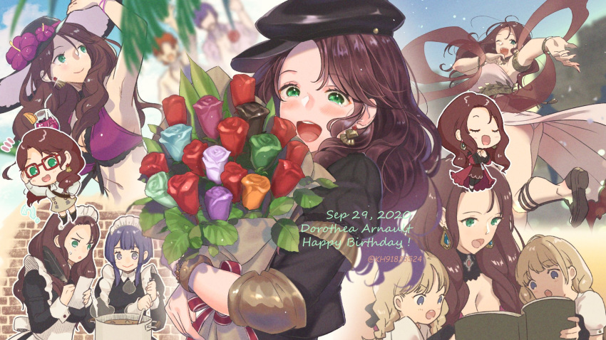 2boys 4girls alternate_costume bernadetta_von_varley bikini black_headwear blonde_hair bouquet brown_hair dorothea_arnault earrings enmaided fire_emblem fire_emblem:_three_houses fire_emblem_heroes flower garreg_mach_monastery_uniform green_eyes happy_birthday highres jewelry kh_(tanakananataka) lorenz_hellman_gloucester maid multiple_boys multiple_girls multiple_views purple_hair redhead swimsuit sylvain_jose_gautier tagme