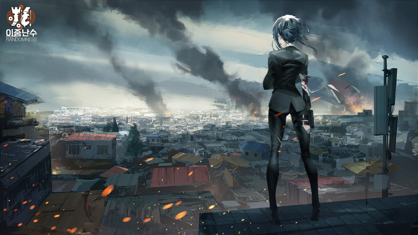 1girl absurdres angelia_(girls_frontline) bandages black_footwear black_hair black_legwear black_shirt building city cityscape copyright fire formal from_behind full_body girls_frontline highres injury long_sleeves medium_hair official_art outdoors pant_suit shirt skyscraper smoke solo standing suit swav