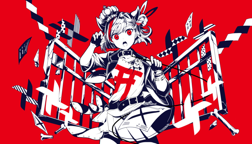 1girl bati15 belt bone collar cowboy_shot crown fence fingerless_gloves gloves highres jacket limited_palette lock looking_at_viewer luma_(vocaloid) open_mouth red_background red_eyes red_theme shirt shirt_tucked_in skirt solo tenjin_kotone tenjin_kotone_(channel) torii white_shirt