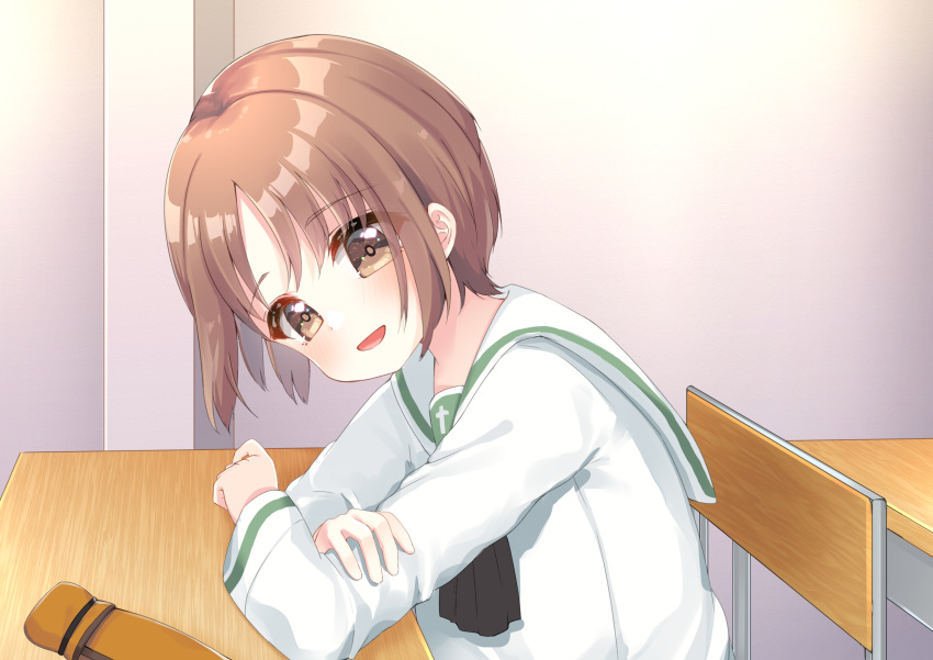 1girl :d bangs black_neckwear blush brown_eyes brown_hair chair commentary_request desk eyebrows_visible_through_hair from_side girls_und_panzer hair_between_eyes highres indoors long_sleeves looking_at_viewer looking_to_the_side nishizumi_miho ooarai_school_uniform open_mouth parted_bangs pencil_case sailor_collar school_chair school_desk school_uniform serafuku shirt short_hair sitting smile solo suzu_(minagi) white_sailor_collar white_shirt