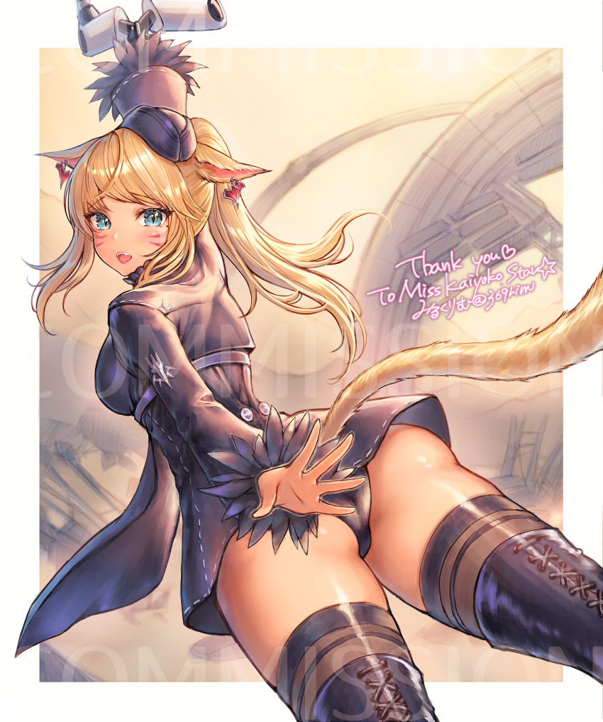 1girl animal_ears aqua_eyes ass black_dress black_panties blonde_hair blush boots border breasts cat_ears cat_tail commission dress earrings feather_trim final_fantasy final_fantasy_xiv hat heart heart_earrings highres jewelry kaiyoko_star long_hair looking_at_viewer looking_back medium_breasts miqo'te mole mole_under_eye nier_(series) nier_automata open_mouth outside_border panties pantyshot pod_(nier_automata) ponytail shannon_(chiffonx) solo tail thigh-highs thigh_boots thighhighs_under_boots underwear watermark whisker_markings white_border