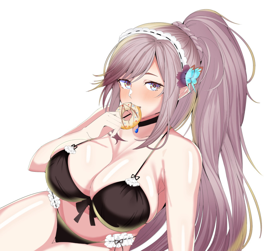 1girl azur_lane bikini black_bikini black_choker blue_butterfly braid breasts butterfly_hair_ornament choker crown_braid doughnut dunkerque_(azur_lane) dunkerque_(summer_sucre)_(azur_lane) food front-tie_bikini front-tie_top grey_hair hair_ornament highres holding holding_food large_breasts long_hair looking_at_viewer ponytail purple_hair shiny shiny_skin solo swimsuit tero_(o11q)