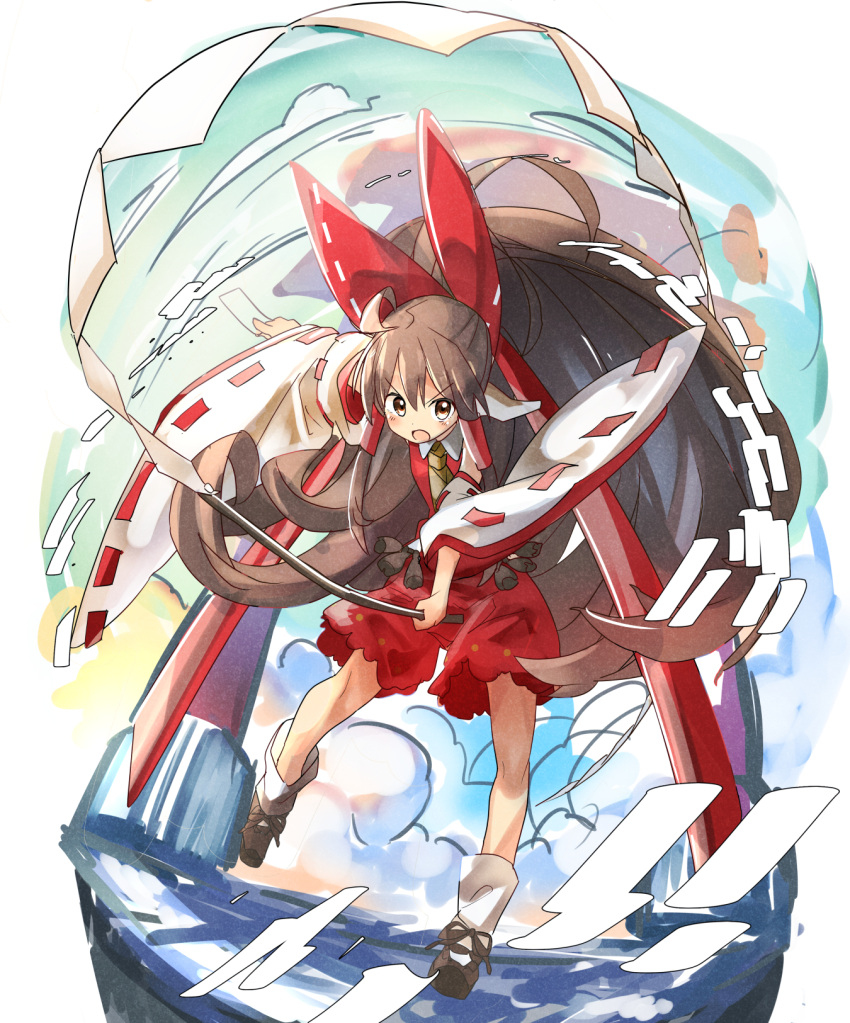 1girl adapted_costume ahoge black_footwear bow brown_hair commentary_request detached_sleeves full_body gohei hair_bow hair_tubes hakurei_reimu highres holding huge_bow long_hair long_sleeves looking_at_viewer loose_socks open_mouth outstretched_arm red_bow red_shirt red_shorts shirt shoes shorts socks solo torii touhou usayoshi_(touhopu2) very_long_hair white_legwear wide_sleeves yellow_neckwear