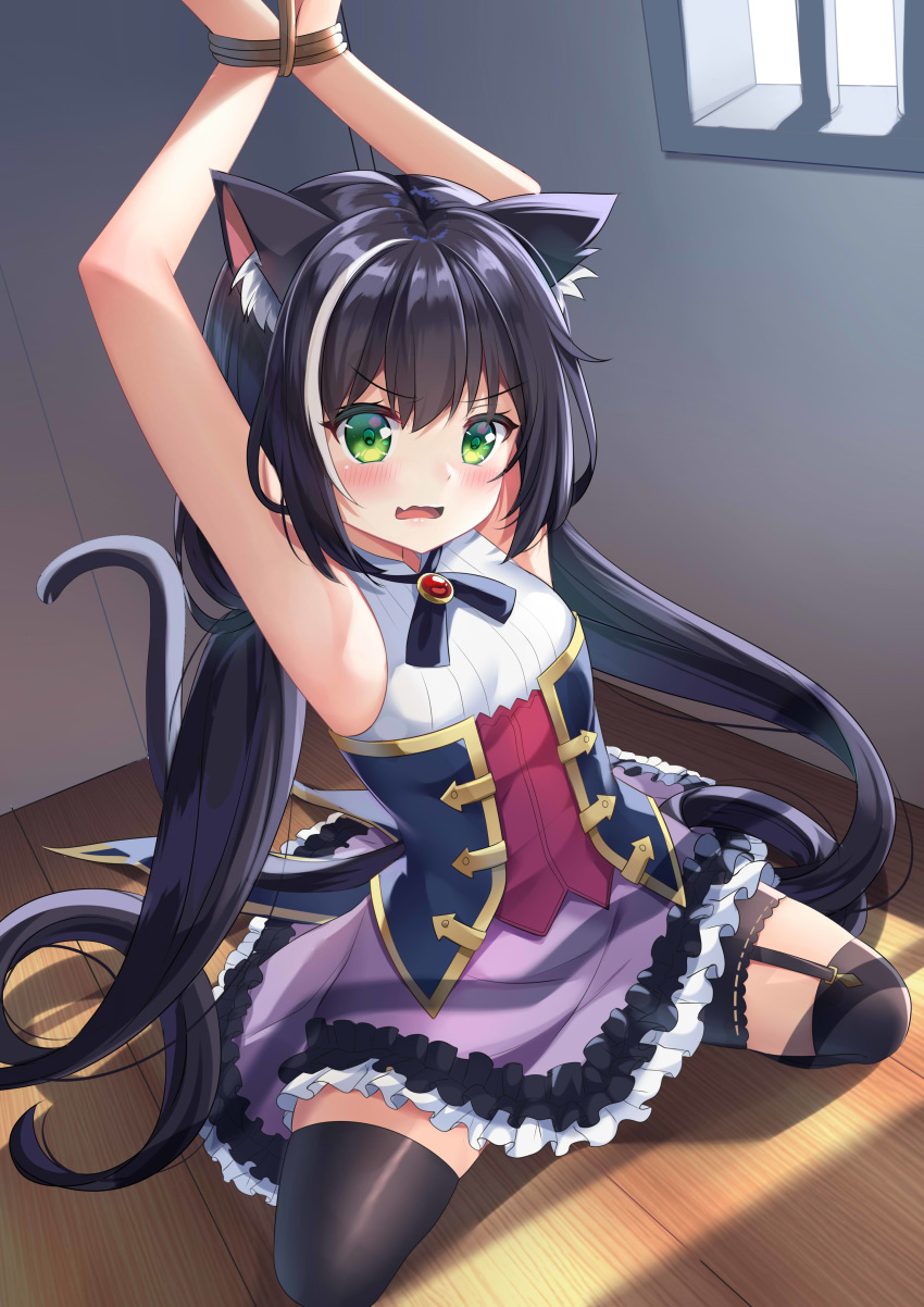 1girl absurdres agung_syaeful_anwar animal_ear_fluff animal_ears armpits arms_up bangs bare_arms bare_shoulders bars black_hair black_legwear blush breasts cat_ears cat_girl cat_tail commentary eyebrows_visible_through_hair fang frilled_skirt frills garter_straps green_eyes hair_between_eyes highres indoors karyl_(princess_connect!) long_hair looking_at_viewer low_twintails multicolored_hair on_floor open_mouth princess_connect! princess_connect!_re:dive purple_skirt restrained rope shirt skirt sleeveless sleeveless_shirt small_breasts solo streaked_hair tail tail_raised thigh-highs twintails v-shaped_eyebrows very_long_hair wavy_mouth white_hair white_shirt wooden_floor