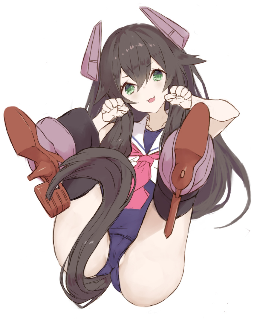 1girl :3 bangs black_hair black_legwear blue_swimsuit eyebrows_visible_through_hair green_eyes hair_between_eyes headgear highres i-47_(kantai_collection) kantai_collection long_hair neckerchief one-piece_swimsuit open_mouth paw_pose pink_neckwear rudder_footwear ryo_(tg290) sailor_collar school_swimsuit sidelocks simple_background solo swimsuit swimsuit_under_clothes thigh-highs very_long_hair white_background white_sailor_collar