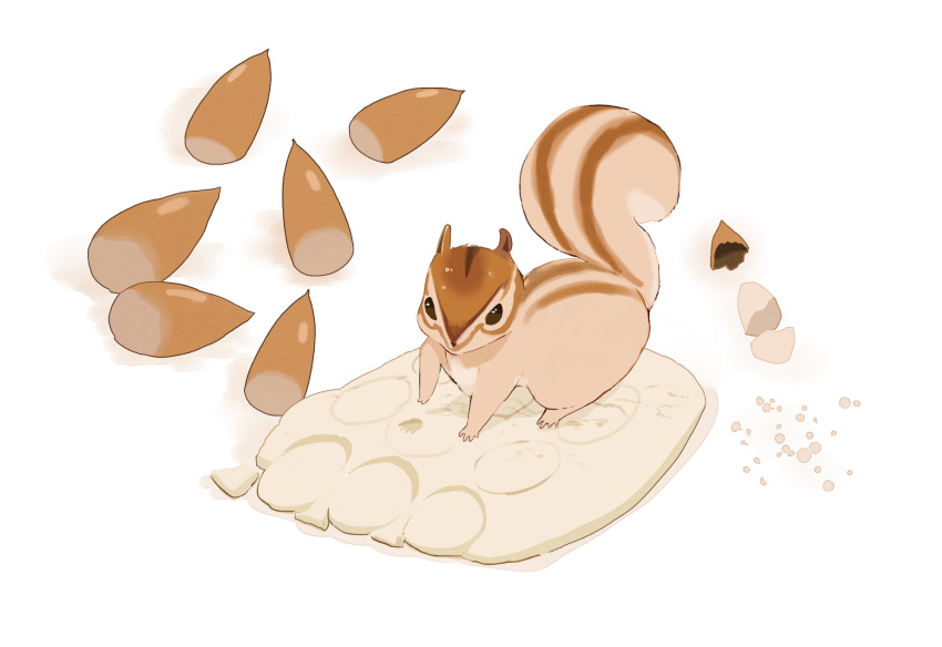 acorn animal chai chipmunk commentary_request cookie crumbs food highres looking_at_viewer no_humans nut_(food) original paw_print sitting_on_food squirrel sweets white_background