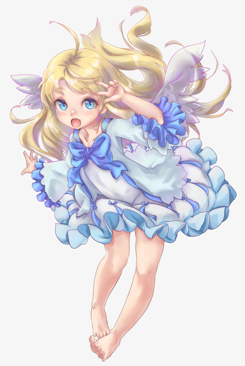 1girl absurdres ahoge angel_wings arm_up barefoot blonde_hair blue_eyes dress fang feathered_wings feet firo_(tate_no_yuusha_no_nariagari) full_body highres jpml long_hair open_mouth simple_background solo tate_no_yuusha_no_nariagari toes v white_background white_dress white_wings wings