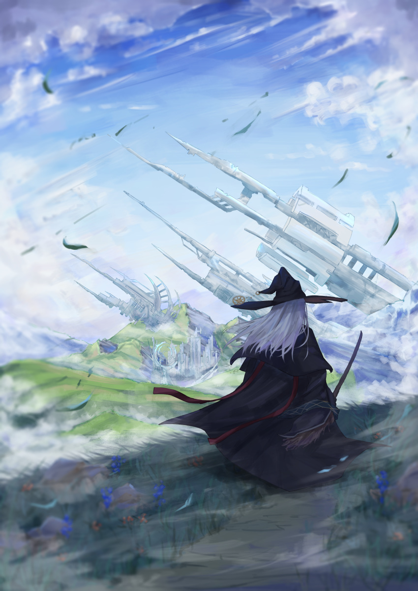 1girl absurdres black_cloak black_headwear blue_sky blurry_foreground broom cloak clouds day elaina_(majo_no_tabitabi) flower fog fuyunoyuki grass hat highres holding holding_broom huge_filesize landscape long_hair majo_no_tabitabi mountain mountainous_horizon nature outdoors path ruins scenery silver_hair sky solo wind witch witch_hat