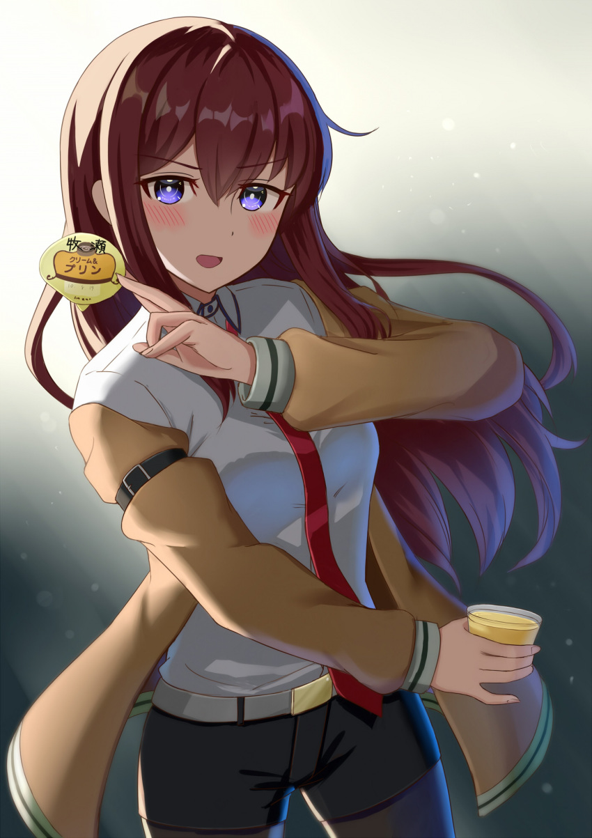 1girl :d belt black_shorts blush brown_hair commentary_request cowboy_shot cup highres holding holding_cup jacket long_hair looking_at_viewer makise_kurisu necktie open_mouth pantyhose red_neckwear ririumu shirt shorts smile solo standing steins;gate v-shaped_eyebrows violet_eyes white_shirt
