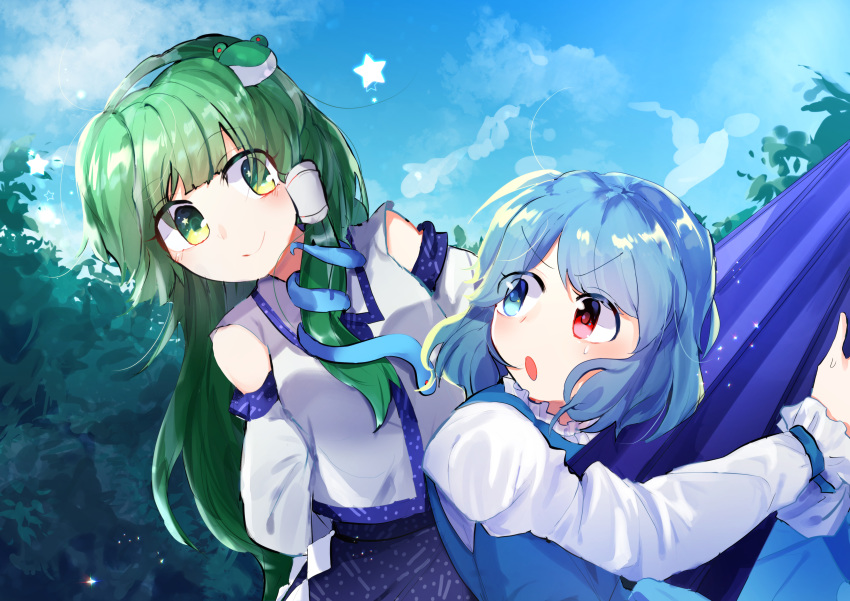 2girls absurdres bangs blue_eyes blue_hair blue_skirt blue_vest blush closed_mouth clouds cloudy_sky collared_shirt cowboy_shot detached_sleeves eyebrows_visible_through_hair frog frog_hair_ornament green_eyes green_hair hair_ornament hair_tubes heterochromia highres holding holding_umbrella japanese_clothes juliet_sleeves kochiya_sanae long_hair long_skirt long_sleeves miko moyashi_(oekaki_touhou) multiple_girls nontraditional_miko open_mouth outdoors puffy_sleeves purple_umbrella red_eyes shirt short_hair skirt sky sleeveless sleeveless_shirt smile snake snake_hair_ornament star_(symbol) tatara_kogasa touhou umbrella upper_body vest white_shirt