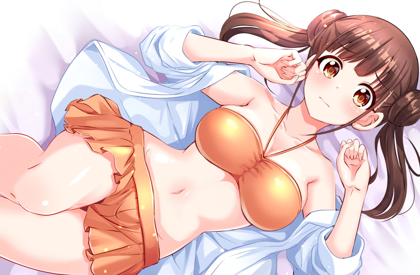 bangs bare_legs bare_shoulders bed_sheet bikini bikini_skirt blunt_bangs breasts brown_eyes brown_hair closed_mouth collarbone commentary_request double_bun eyebrows_visible_through_hair feet_out_of_frame from_above highres idolmaster idolmaster_shiny_colors jacket looking_at_viewer lying medium_breasts natsu_(anta_tte_hitoha) navel on_back open_clothes open_jacket orange_bikini sonoda_chiyoko swimsuit thighs twintails white_jacket
