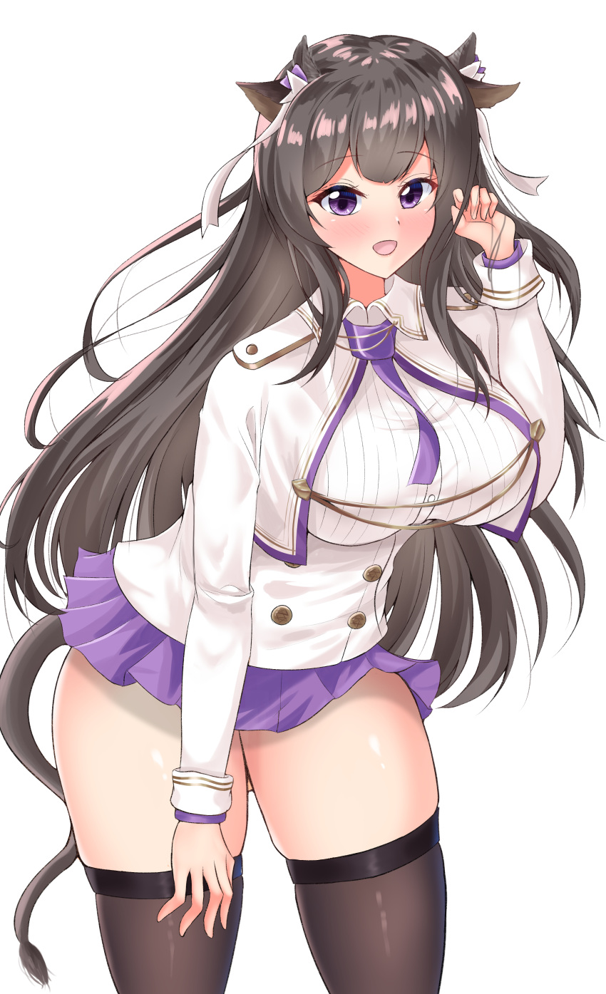 1girl absurdres animal_ears artist_request azur_lane breasts brown_hair brown_legwear cow_ears cow_girl cow_horns cow_tail cropped_jacket highres horns jacket kashino_(azur_lane) large_breasts looking_at_viewer microskirt purple_skirt shirt simple_background skindentation skirt solo tail thigh-highs violet_eyes white_background white_jacket white_shirt