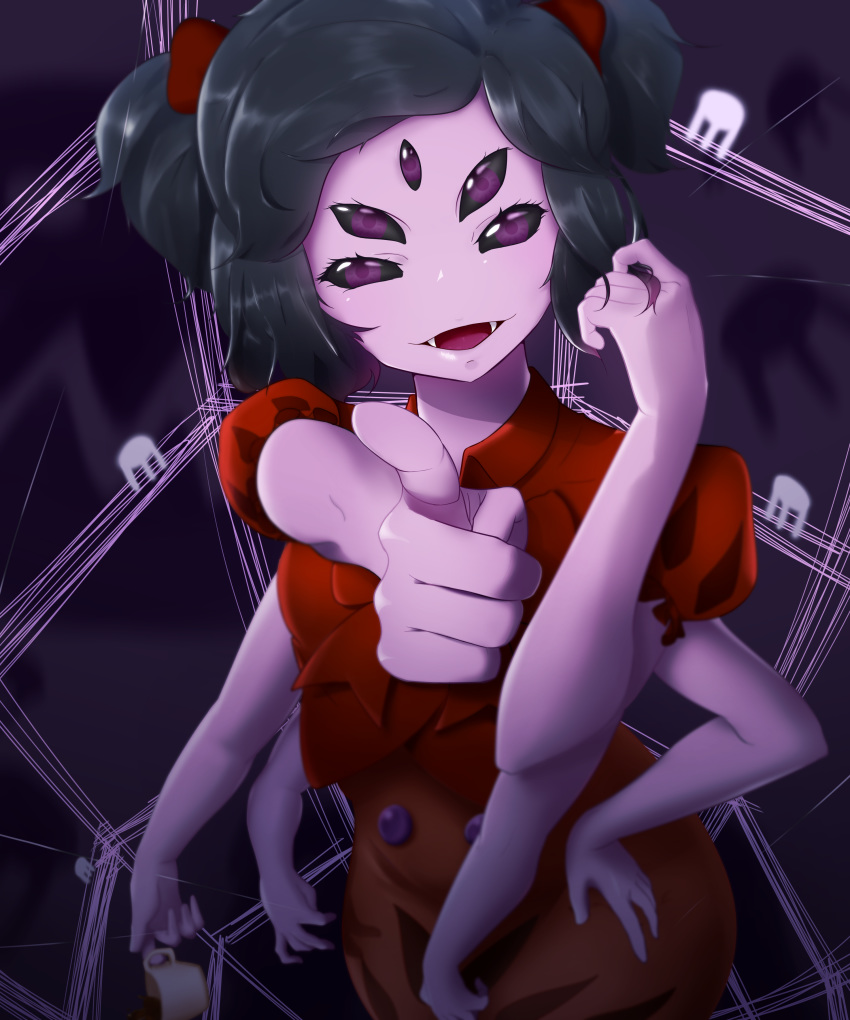 1girl absurdres black_hair cup dress extra_arms extra_eyes fangs hand_on_hip highres insect_girl kim_milk looking_at_viewer monster_girl muffet pouring purple_background purple_skin red_dress short_hair silk smile solo spider_girl spider_web teacup thumbs_up two_side_up undertale upper_body violet_eyes