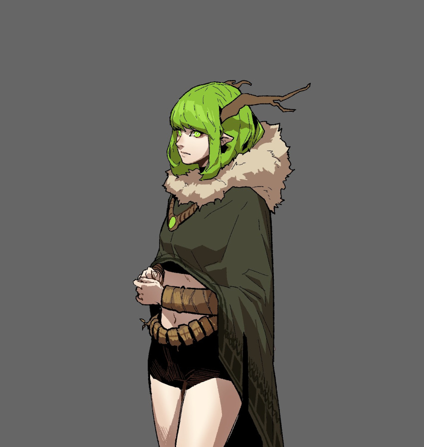 1girl antlers belt black_shorts closed_mouth coat commentary cowboy_shot english_commentary fur-trimmed_coat fur_trim gogalking green_eyes green_hair grey_background highres jewelry looking_at_viewer necklace original own_hands_together pointy_ears short_shorts shorts simple_background solo standing