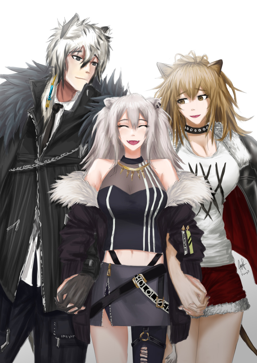 1boy 2girls absurdres arknights bare_shoulders blonde_hair cowboy_hat fangz fur-trimmed_jacket fur-trimmed_shorts fur_trim hat highres holding_hands hololive jacket lion_girl multicolored_hair multiple_girls shishiro_botan shorts siege_(arknights) silverash_(arknights) studded_choker tank_top trait_connection two-tone_hair white_hair white_tank_top