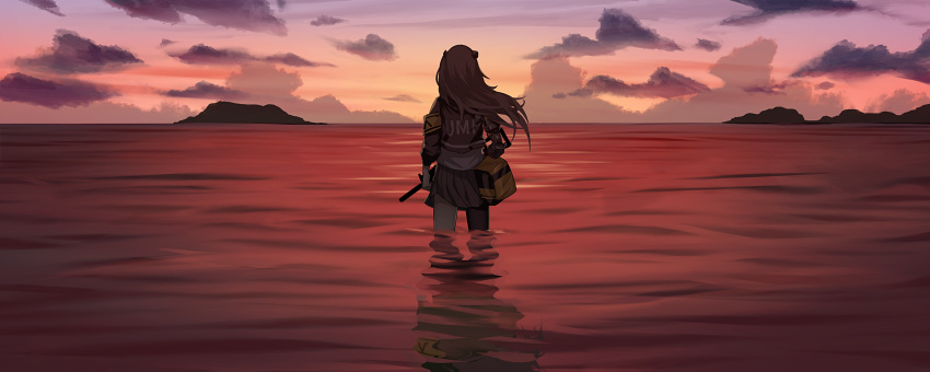 1girl armband black_legwear black_skirt brown_hair cero_(last2stage) clothes_writing clouds from_behind girls_frontline gun headgear highres holding holding_gun holding_weapon jacket long_hair mechanical_arm mod3_(girls_frontline) mountainous_horizon ocean outdoors partially_submerged prosthesis prosthetic_arm reflection single_leg_pantyhose skirt sky solo sunset ump45_(girls_frontline) weapon