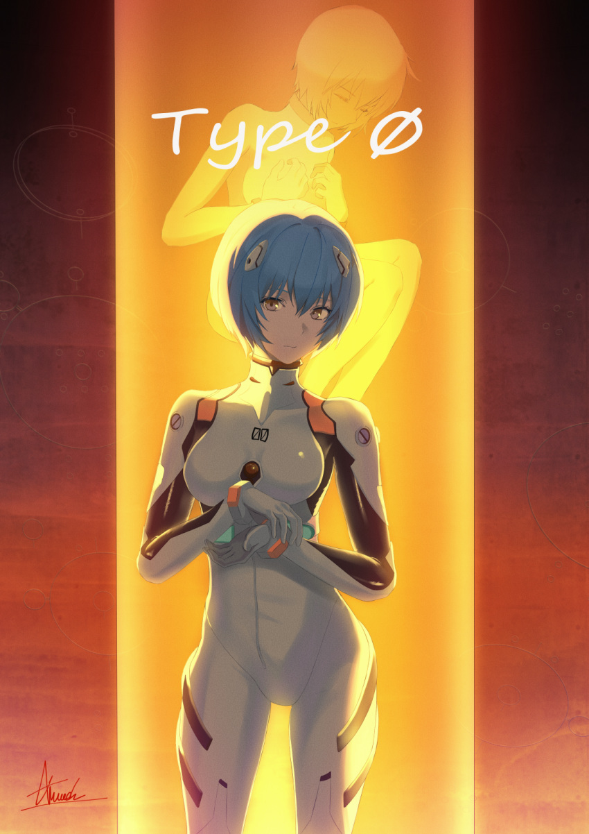 1girl asurada_yui ayanami_rei bangs blue_hair bodysuit breasts brown_eyes closed_mouth hair_between_eyes highres looking_at_viewer medium_breasts neon_genesis_evangelion plugsuit short_hair signature solo standing white_bodysuit