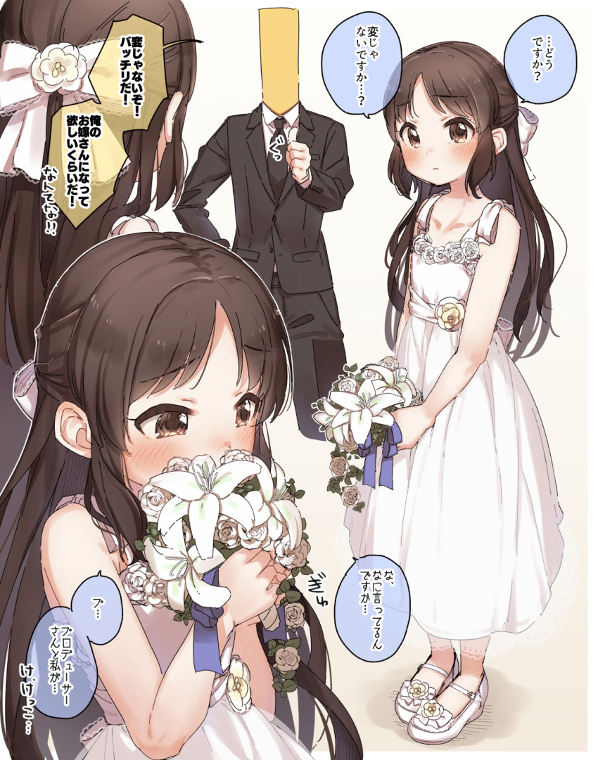 1girl 1other bare_arms bare_shoulders black_jacket black_neckwear black_pants blush bouquet bow closed_mouth collarbone collared_shirt covered_mouth dress flower formal hair_bow hair_flower hair_ornament highres holding holding_bouquet idolmaster idolmaster_cinderella_girls jacket long_hair necktie p-head_producer pants rose see-through shirt shoes sleeveless sleeveless_dress suit tachibana_arisu translation_request very_long_hair white_bow white_dress white_flower white_footwear white_rose white_shirt yukie_(kusaka_shi)