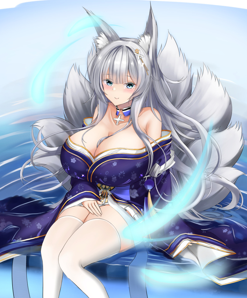 1girl absurdres animal_ear_fluff animal_ears azur_lane blue_collar blue_eyes blue_kimono breasts collar detached_collar feet_out_of_frame fox_ears fox_girl hair_ornament highres huge_breasts japanese_clothes kimono kitsune kyuubi large_tail looking_at_viewer micchamu multiple_tails off-shoulder_kimono off_shoulder shinano_(azur_lane) silver_hair sitting skindentation tail thigh-highs water white_legwear white_tail wide_sleeves