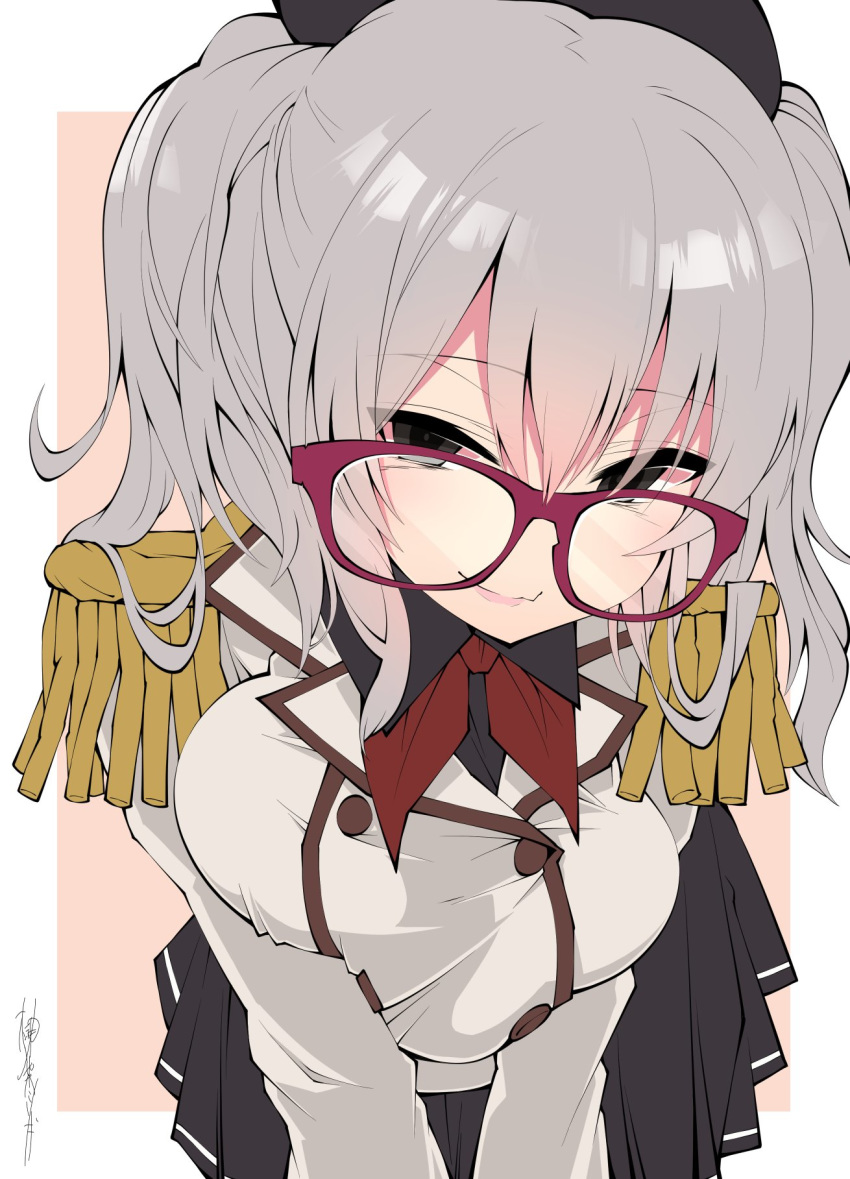 1girl bespectacled black_eyes breast_squeeze breasts commentary_request cowboy_shot epaulettes glasses grey_hair highres kantai_collection kashima_(kantai_collection) large_breasts leaning_forward long_hair long_sleeves looking_at_viewer military military_uniform pink_background pleated_skirt red-framed_eyewear sakakiba_misogi signature skirt solo twintails two-tone_background uniform white_background