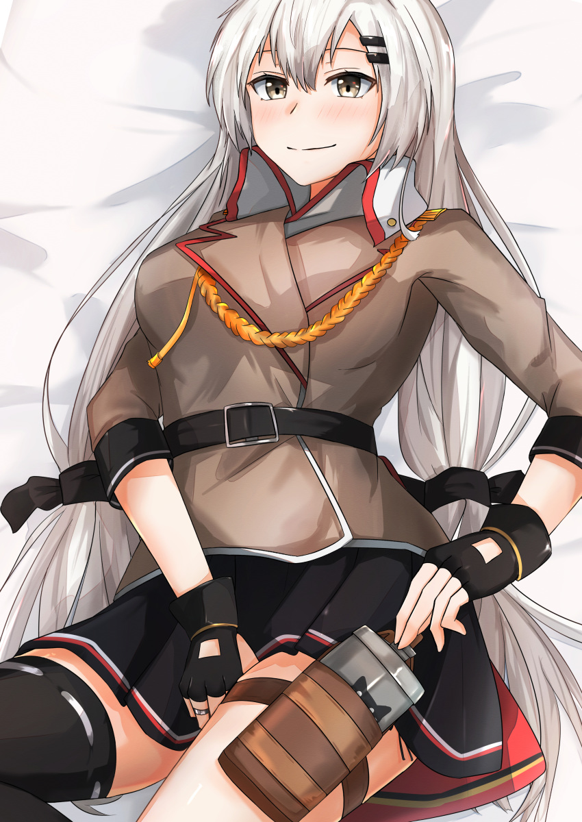 1girl absurdres asymmetrical_legwear belt black_belt black_gloves black_legwear black_skirt blush breasts brown_jacket closed_mouth eyebrows_visible_through_hair flask girls_frontline gloves grey_eyes grey_hair hair_ribbon highres holding_flask holster huge_filesize jacket jewelry long_hair lying medium_breasts muteppona_hito on_back partly_fingerless_gloves ribbon ring shirt silver_hair simple_background skirt smile solo svd_(girls_frontline) thigh-highs uniform white_shirt