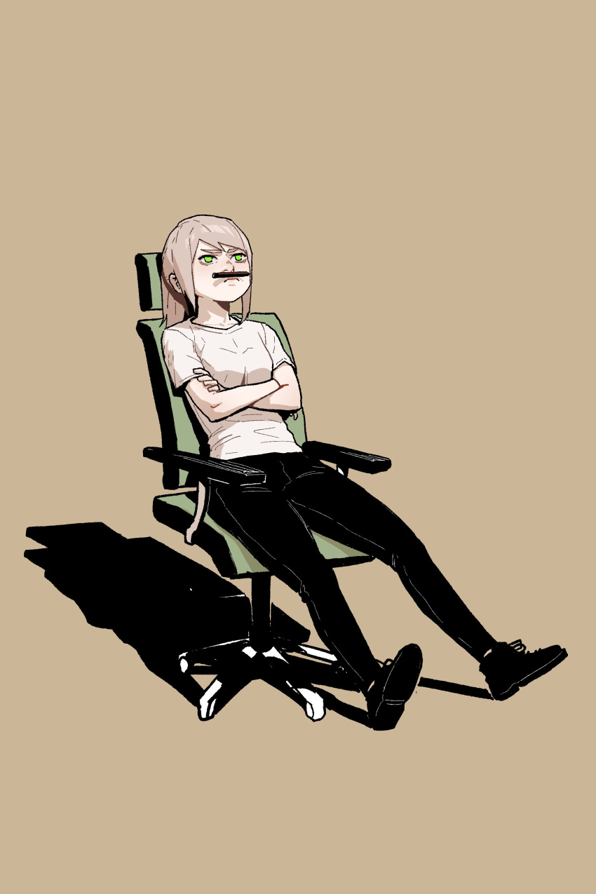 1girl absurdres black_footwear black_pants chair closed_mouth crossed_arms frown gogalking green_eyes grey_hair highres office_chair original pants pen pencil_mustache ponytail reclining shadow shirt short_sleeves simple_background solo white_shirt yellow_background