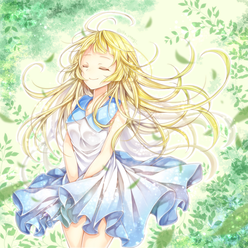 1girl bangs blonde_hair blue_dress closed_eyes closed_mouth cowboy_shot dress dress_lift floating_hair gradient_dress highres lillie_(pokemon) long_hair medium_dress pleated_dress pokemon pokemon_(game) pokemon_sm shiny shiny_hair sleeveless sleeveless_dress smile solo standing sundress very_long_hair white_dress yomogi_(black-elf)