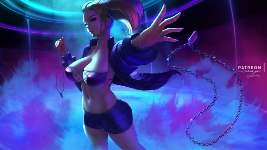 1girl akali black_shorts blonde_hair blue_eyes breasts chain_necklace collarbone commentary cowboy_shot english_commentary fingernails foreshortening highres holding holding_jewelry holding_necklace jacket jewelry k/da_(league_of_legends) k/da_akali large_breasts league_of_legends lolliedrop navel necklace outstretched_arm parted_lips short_shorts shorts signature solo taut_clothes watermark web_address