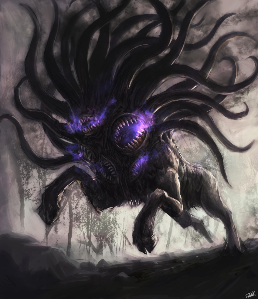 call_of_cthulhu deadspike_nine eldritch_abomination extra_mouth fog forest glowing highres hooves monster nature no_eyes open_mouth outdoors rock running sharp_teeth shub-niggurath signature teeth tentacles