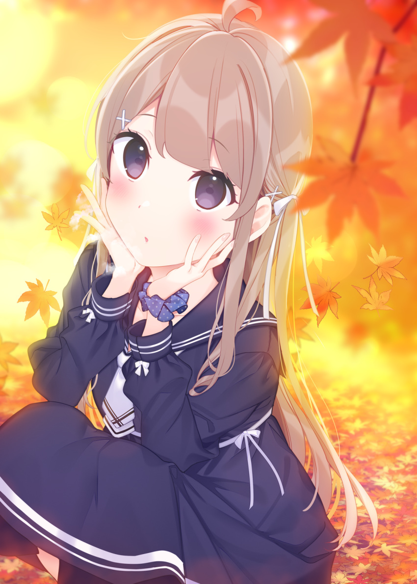 1girl ahoge autumn_leaves bangs black_dress black_legwear black_sailor_collar blue_scrunchie blurry blurry_background blurry_foreground blush bow breath brown_hair chikuwa. commentary_request depth_of_field dress eyebrows_visible_through_hair hair_bow hair_ornament hairclip hands_up highres leaf long_hair looking_at_viewer maple_leaf necktie original pantyhose parted_lips polka_dot polka_dot_scrunchie sailor_collar sailor_dress scrunchie short_necktie solo squatting two_side_up very_long_hair violet_eyes white_bow white_neckwear wrist_scrunchie x_hair_ornament
