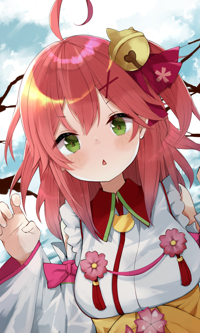 1girl absurdres ahoge bare_shoulders bell blue_sky blush chestnut_mouth clouds detached_sleeves eureka_814 green_eyes hair_bell hair_ornament hairclip highres hololive huge_filesize long_hair looking_at_viewer pink_hair sakura_miko sky solo virtual_youtuber x_hair_ornament