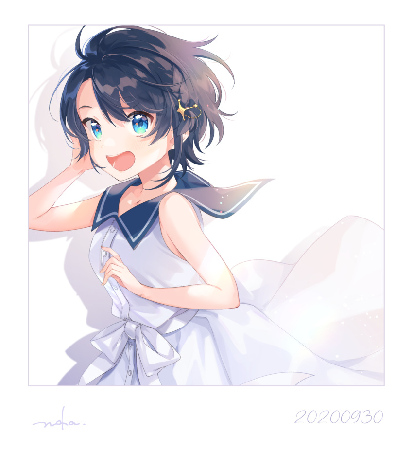 1girl :d bangs black_hair blue_eyes dated dress hair_blowing hair_ornament hand_in_hair highres hololive light_blush looking_at_viewer nokachoco114 oozora_subaru open_mouth sailor_collar shadow short_hair signature simple_background sleeveless sleeveless_dress smile solo upper_body upper_teeth virtual_youtuber white_background white_dress wind wind_lift